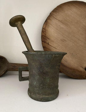 Vintage Solid Brass Mortar & Pestle With Striking Green Patina