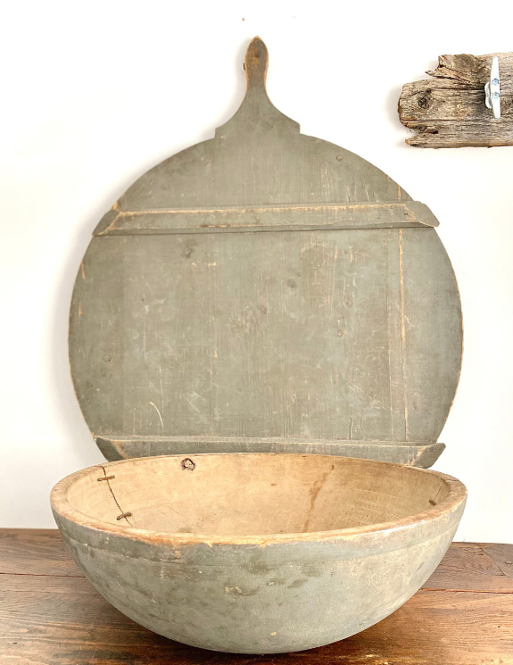 Spectacular Antique Board and Patched Bowl With Blue/Green Patina