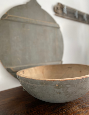 Spectacular Antique Board and Patched Bowl With Blue/Green Patina